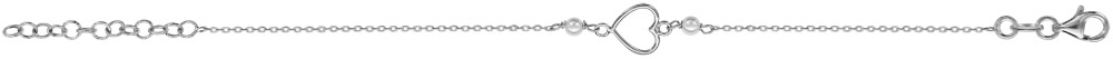 Bracelet en argent rhodié chaîne avec au milieu 1 coeur évidé couché et 2 perles blanches synthétiques – longueur 15cm + 3cm de rallonge