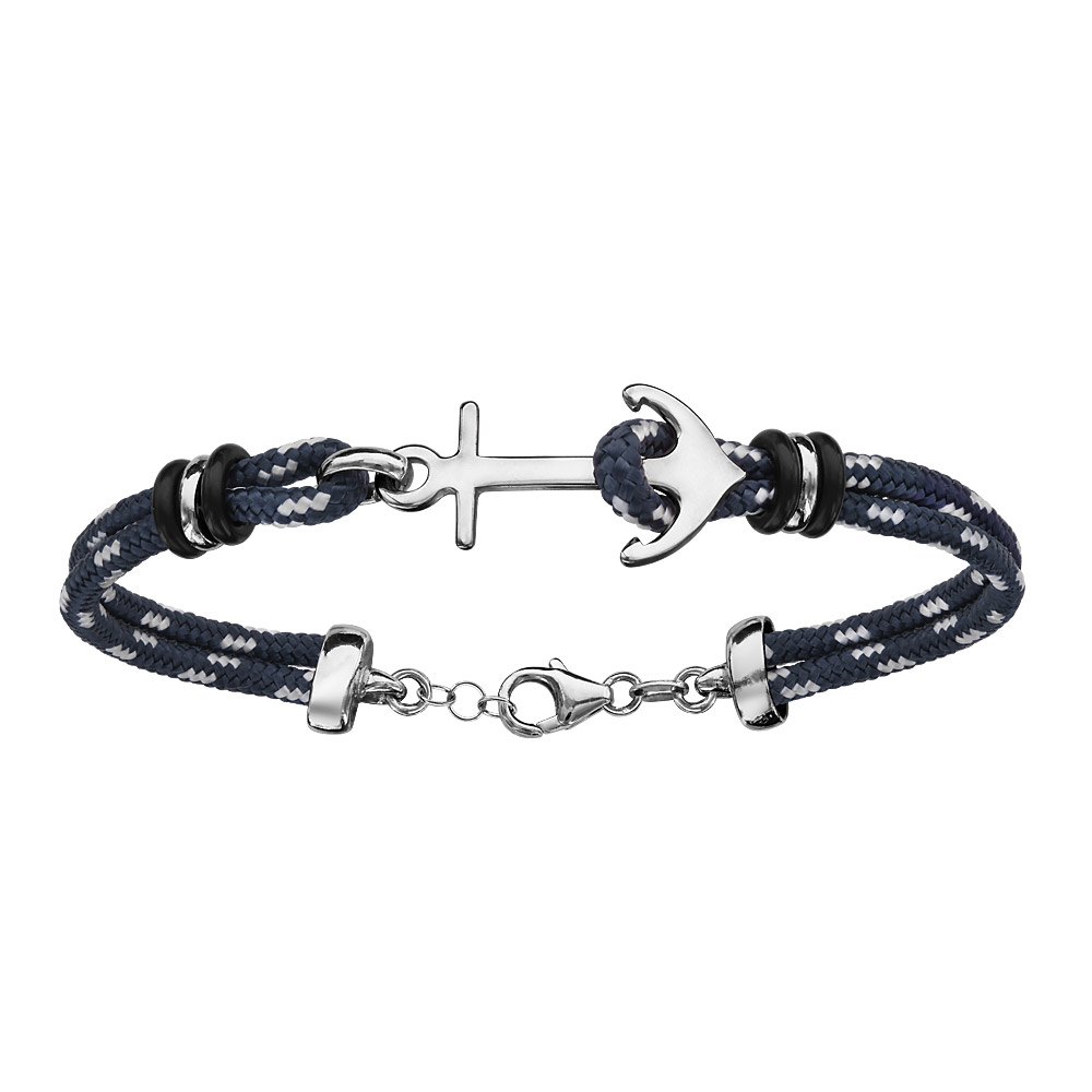 Bracelet en argent rhodié cordon doublé bleu foncé finement moucheté gris avec ancre de marine au milieu – longueur 18cm + 4cm de rallonge