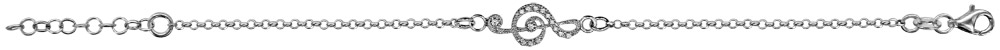 Bracelet en argent rhodié chaîne avec 1 clef de sol ornée d’oxydes blancs sertis au milieu – longueur 16cm + 3cm de rallonge
