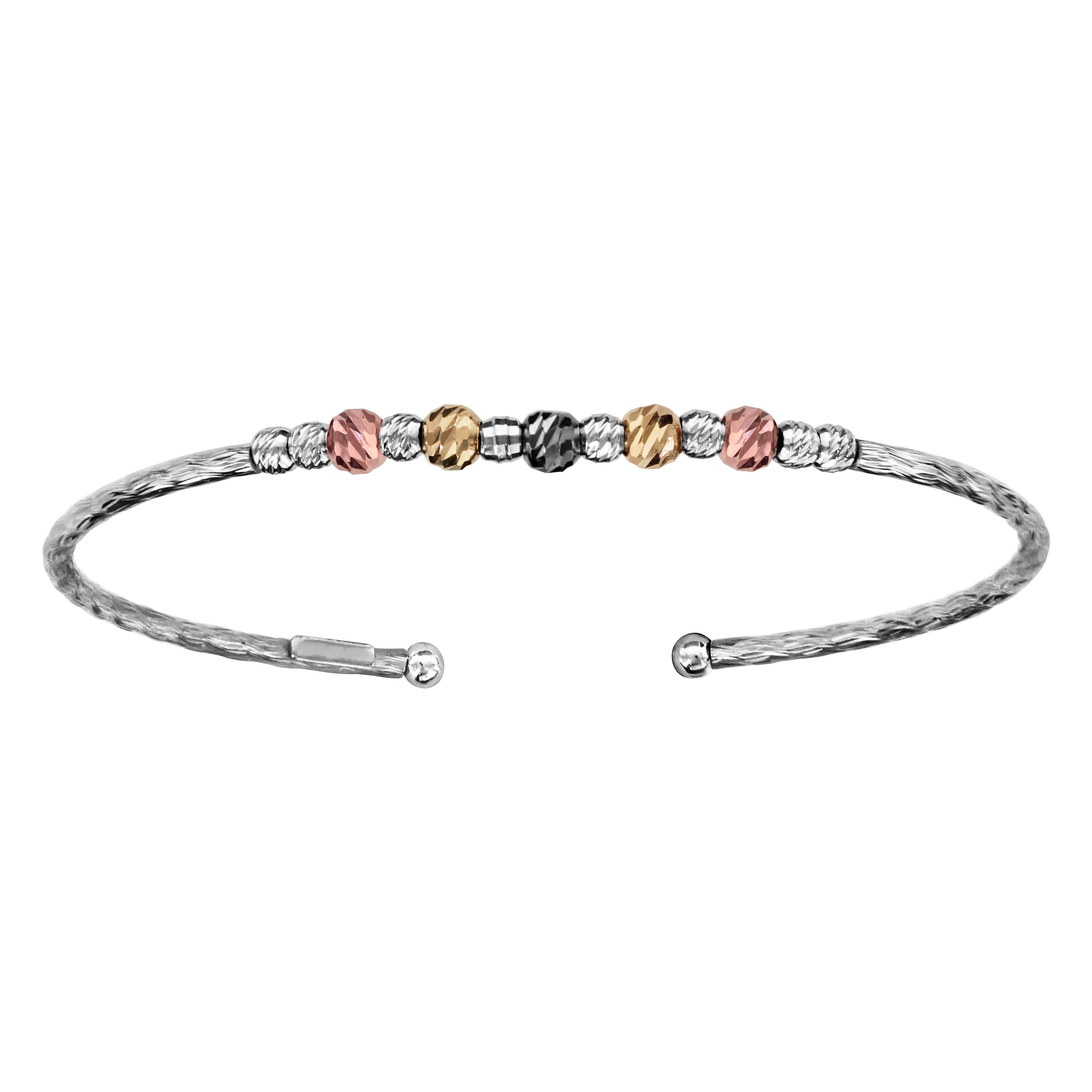 Bracelet jonc en argent rhodié diamanté ouvert avec boules diamantées en rhodium noir, dorées roses et jaunes sur le dessus