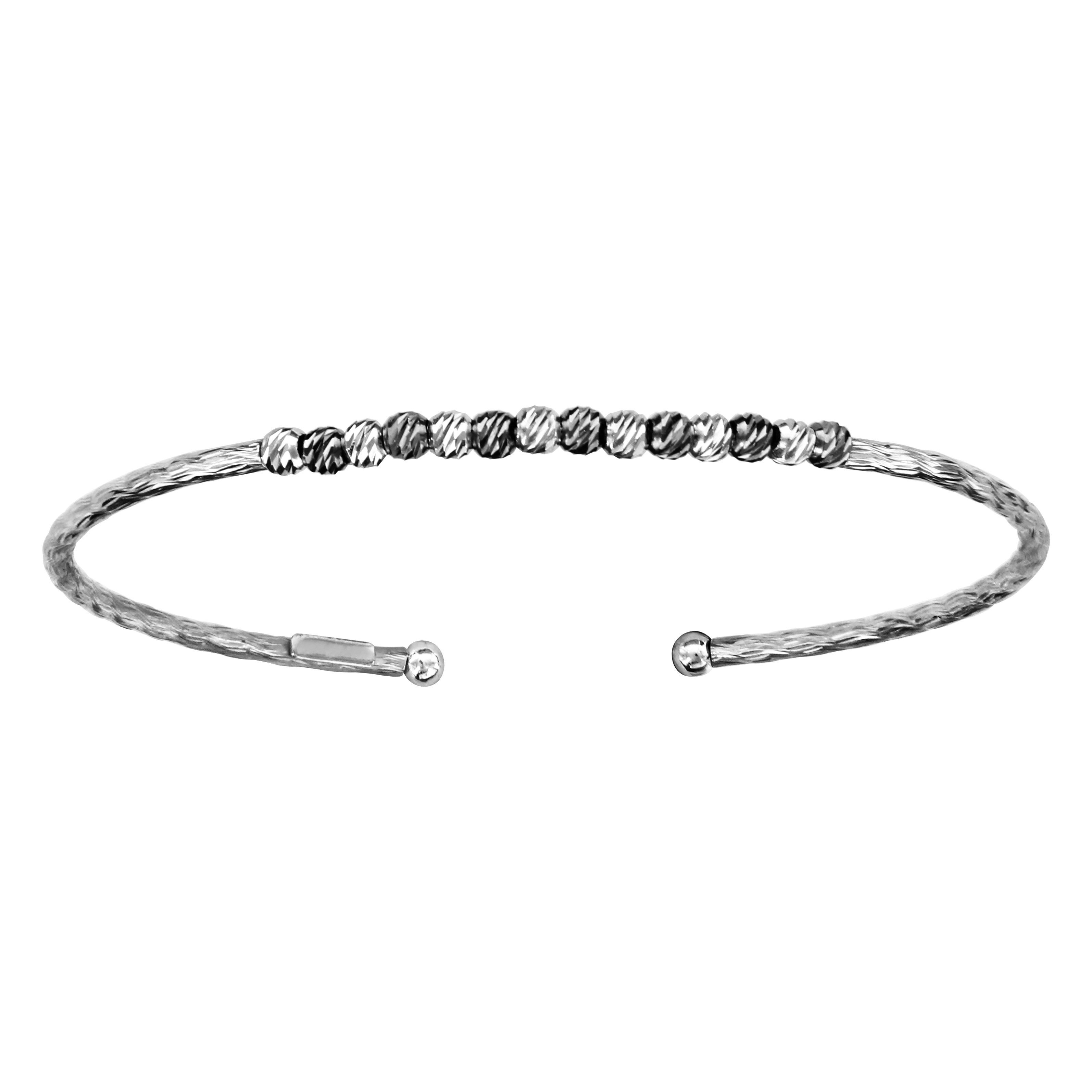Bracelet jonc en argent rhodié diamanté ouvert avec boules diamantées en rhodium noir sur le dessus