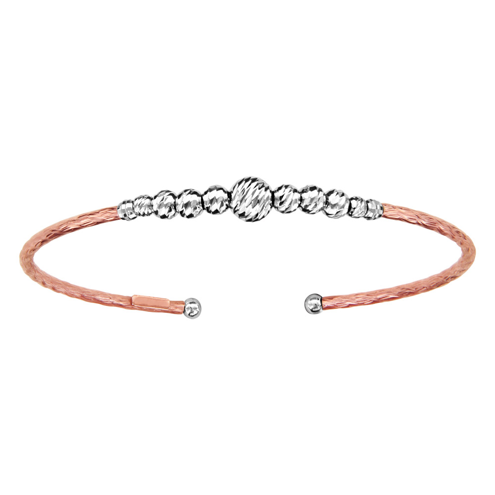 Bracelet jonc en argent rhodié doré rose diamanté ouvert avec boules diamantées de tailles différentes sur le dessus