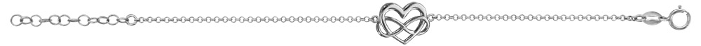Bracelet en argent rhodié chaîne avec au milieu 1 coeur et 1 symbole infini entremêlés – longueur 16cm + 3cm de rallonge