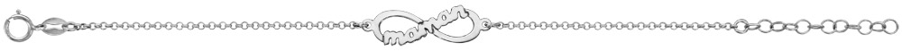 Bracelet en argent rhodié chaîne avec au milieu symbole infini avec découpe « maman » au centre – longueur 16cm + 3cm de rallonge