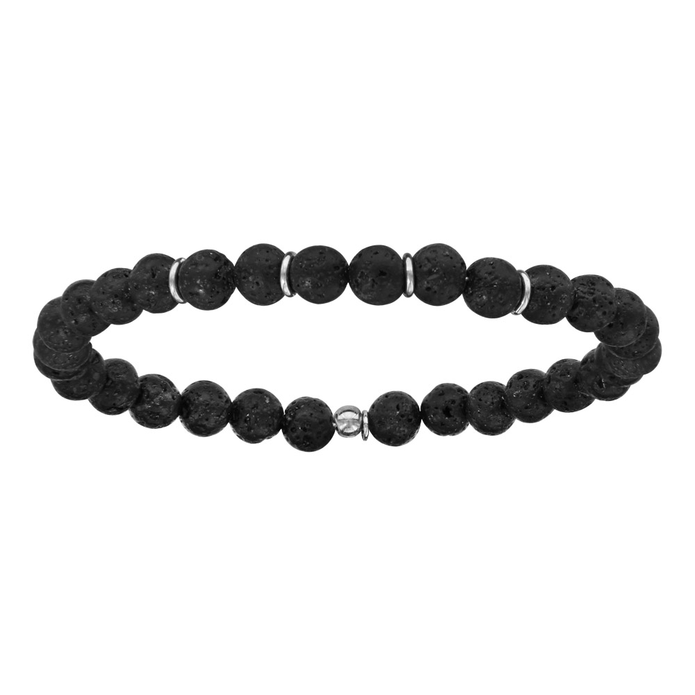 Bracelet élastique en argent et perles en pierre de lave noire mat