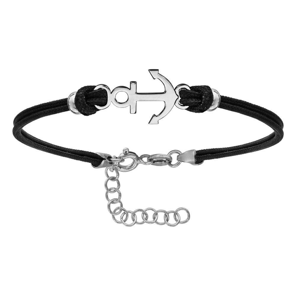 Bracelet en argent rhodié cordon doublé noir interchangeable avec ancre de marine au milieu – longueur 14cm + 3cm de rallonge