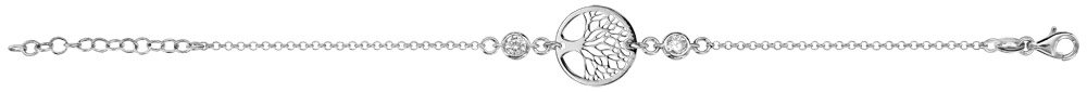 Bracelet en argent rhodié chaîne avec au milieu 1 arbre de vie ajouré et 1 oxyde blanc sertis clos de chaque côté – longueur 16cm + 3cm de rallonge