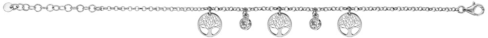 Bracelet en argent rhodié chaîne avec 3 pampilles arbre de vie ajouré et 2 oxydes blancs sertis clos – longueur 16cm + 3cm de rallonge