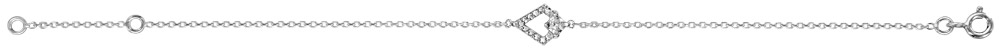 Bracelet en argent rhodié chaîne avec au milieu 1 losange en rail d’oxydes blancs sertis avec 1 oxyde carré plus gros en haut – longueur 16cm + 2cm de rallonge