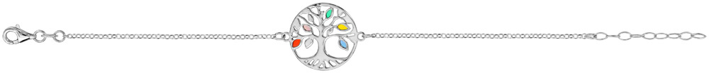 Bracelet en argent rhodié chaîne avec arbre de vie ajouré et feuilles multicolores – longueur 16cm + 3cm de rallonge