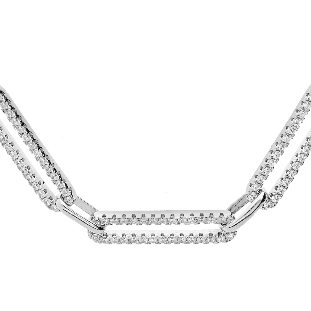 Collier en argent rhodié grands maillons rectangulaires sur le devant et oxydes blancs sertis 47+3cm