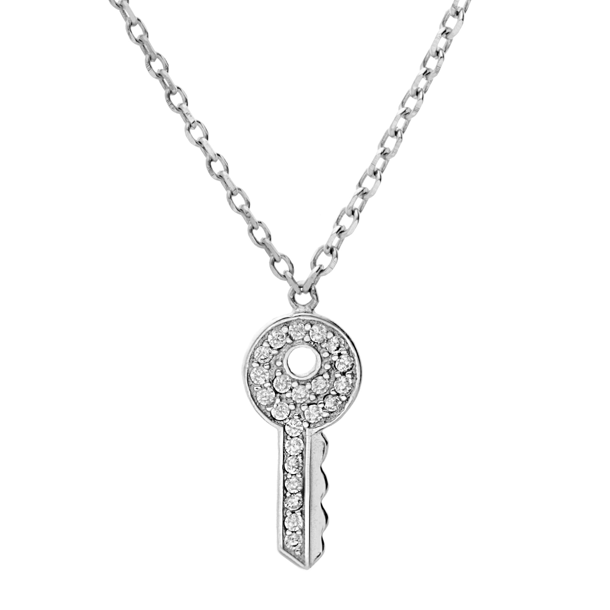 Collier en argent rhodié chaîne avec pendentif clef pavée d’oxydes blancs sertis 40+3cm