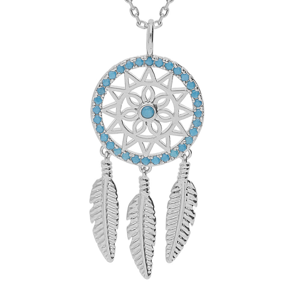 Collier en argent rhodié chaîne avec pendentif attrape rêves et oxydes bleus 50+5cm