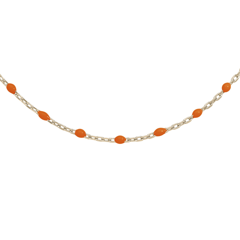 Collier en argent et doré jaune chaîne avec perles oranges fluo 40+5cm