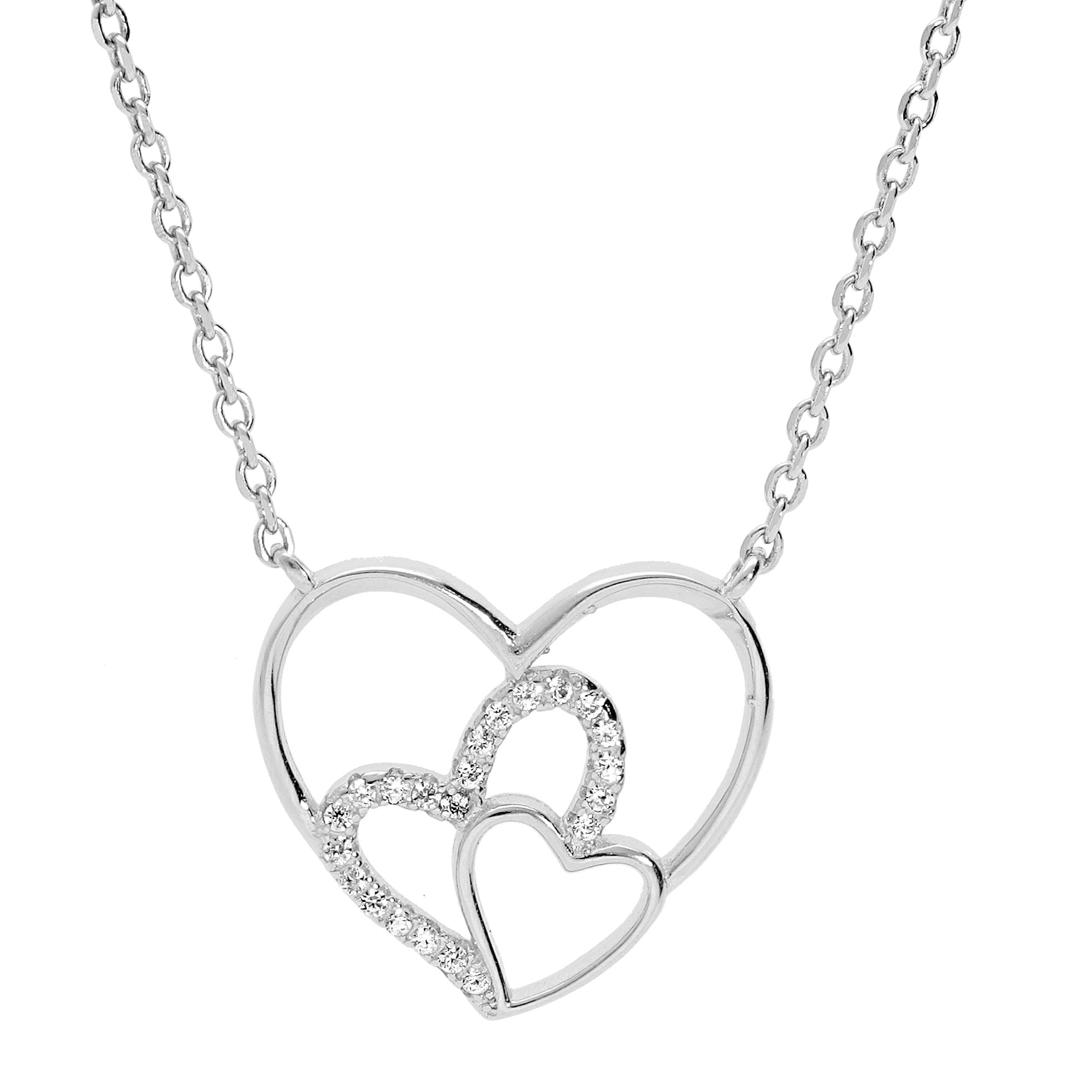 Collier en argent rhodié chaîne avec triple coeur et oxydes blancs sertis 40+5cm