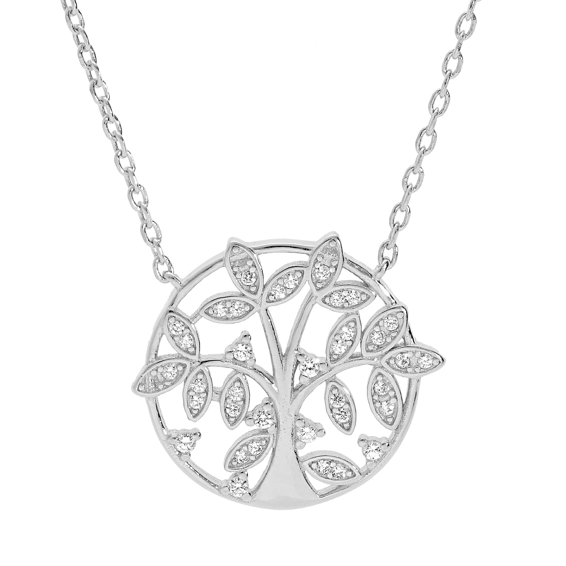 Collier en argent rhodié chaîne avec rond motif arbre de vie oxydes blancs sertis 39+2,5cm
