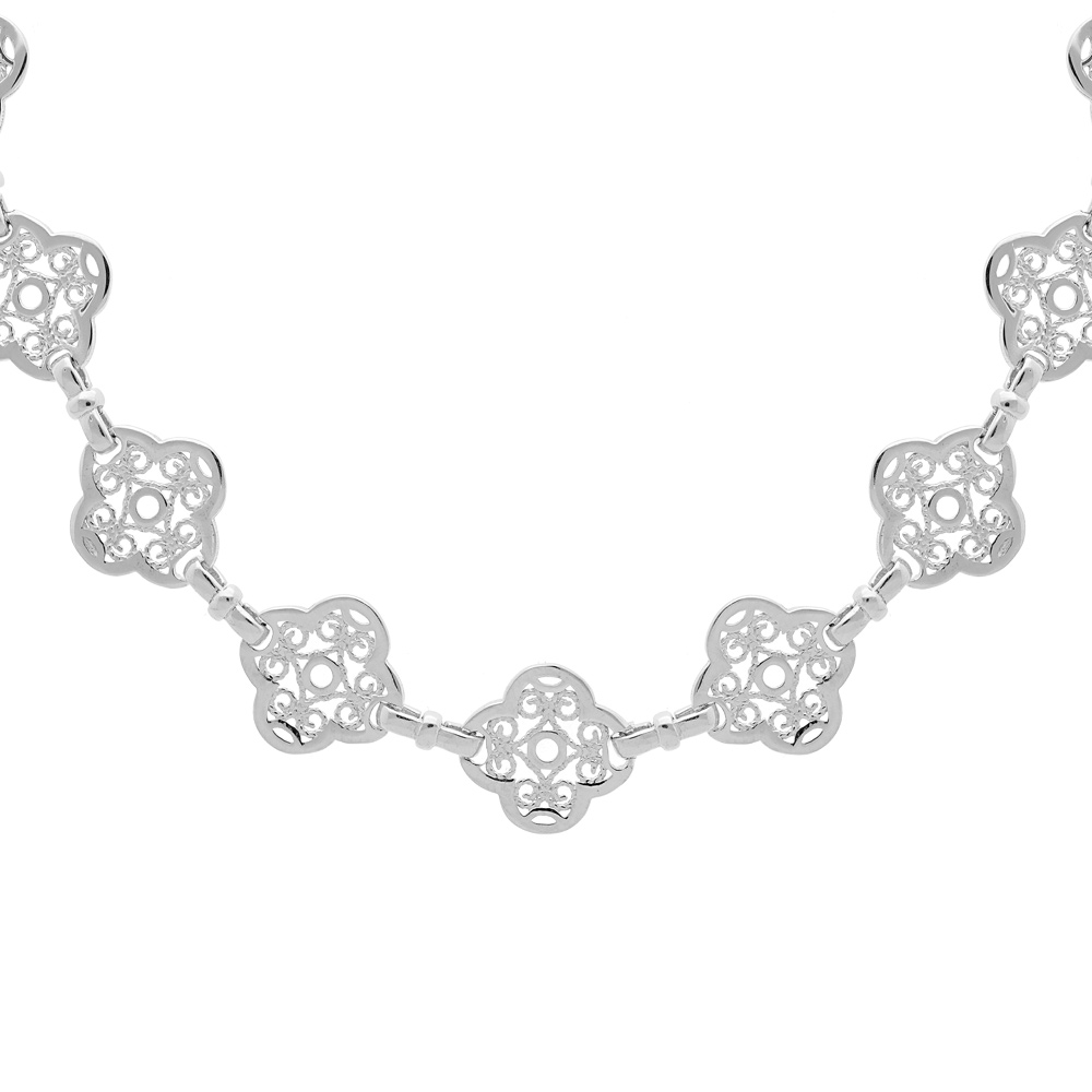Collier en argent rhodié maille filigrane fleur ancienne 40+5cm