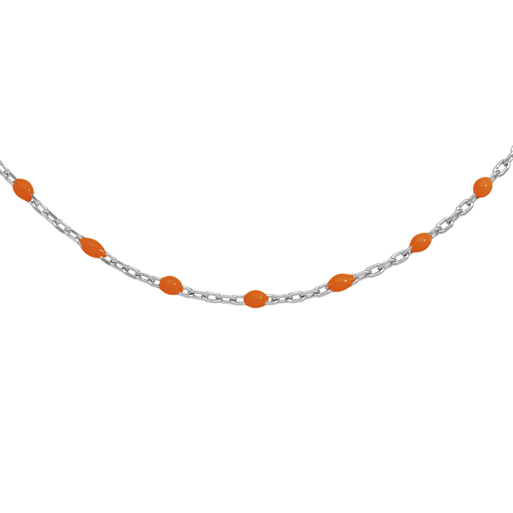 Sautoir en argent rhodié avec perles orange fluo 60+10cm