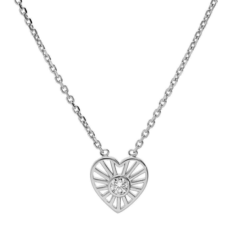 Collier en argent rhodié chaîne avec pendentif coeur soleil oxyde blanc serti 38+4cm