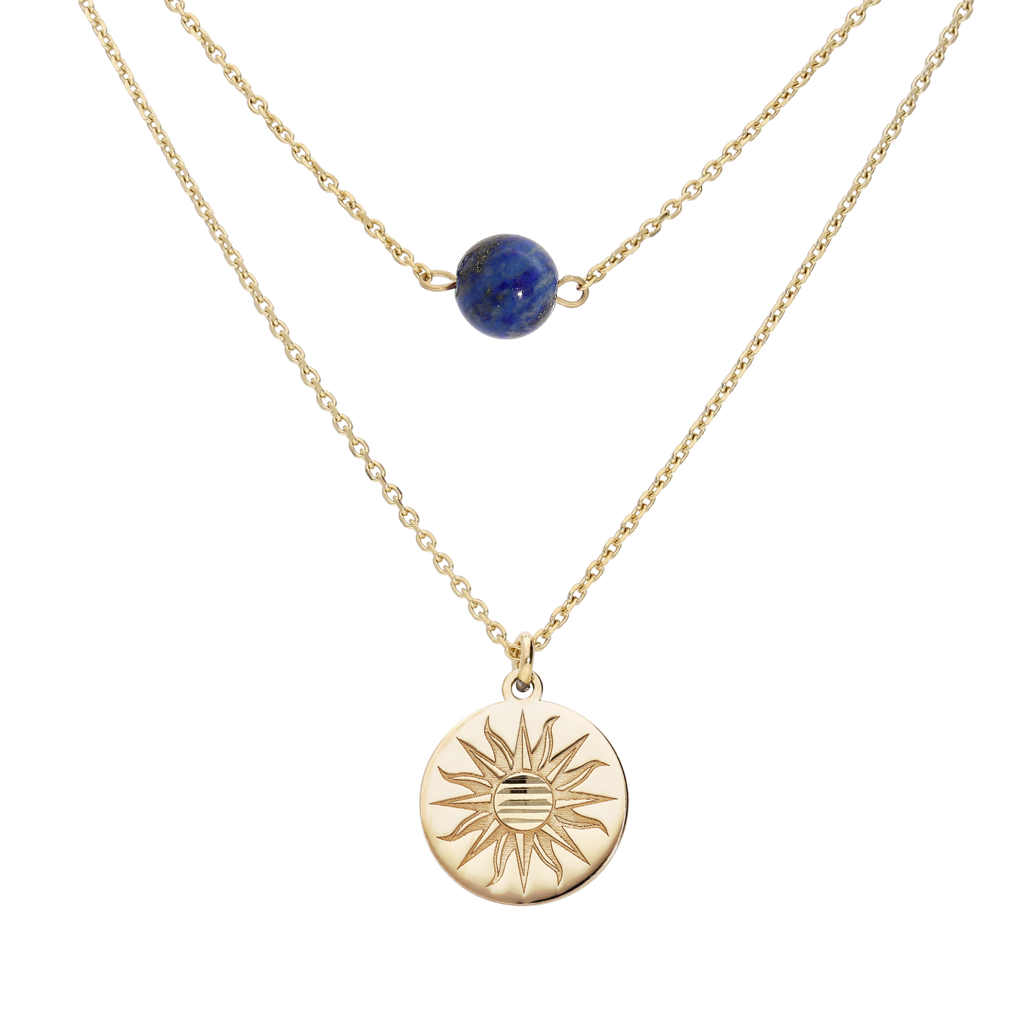Collier en argent et dorure jaune double chaîne pastille soleil diamantée et pierre Lapis Lazuli véritable 40+5cm