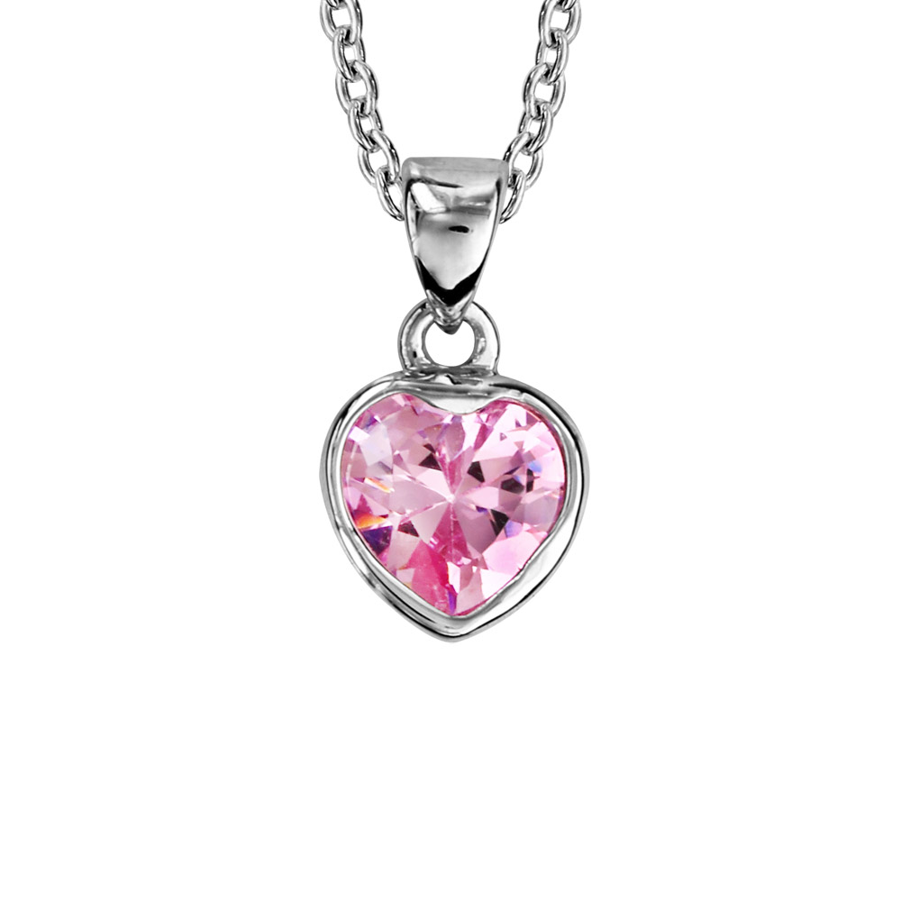 Collier en argent rhodié chaîne avec pendentif coeur en oxyde rose serti clos – longueur 40cm + 4cm de rallonge