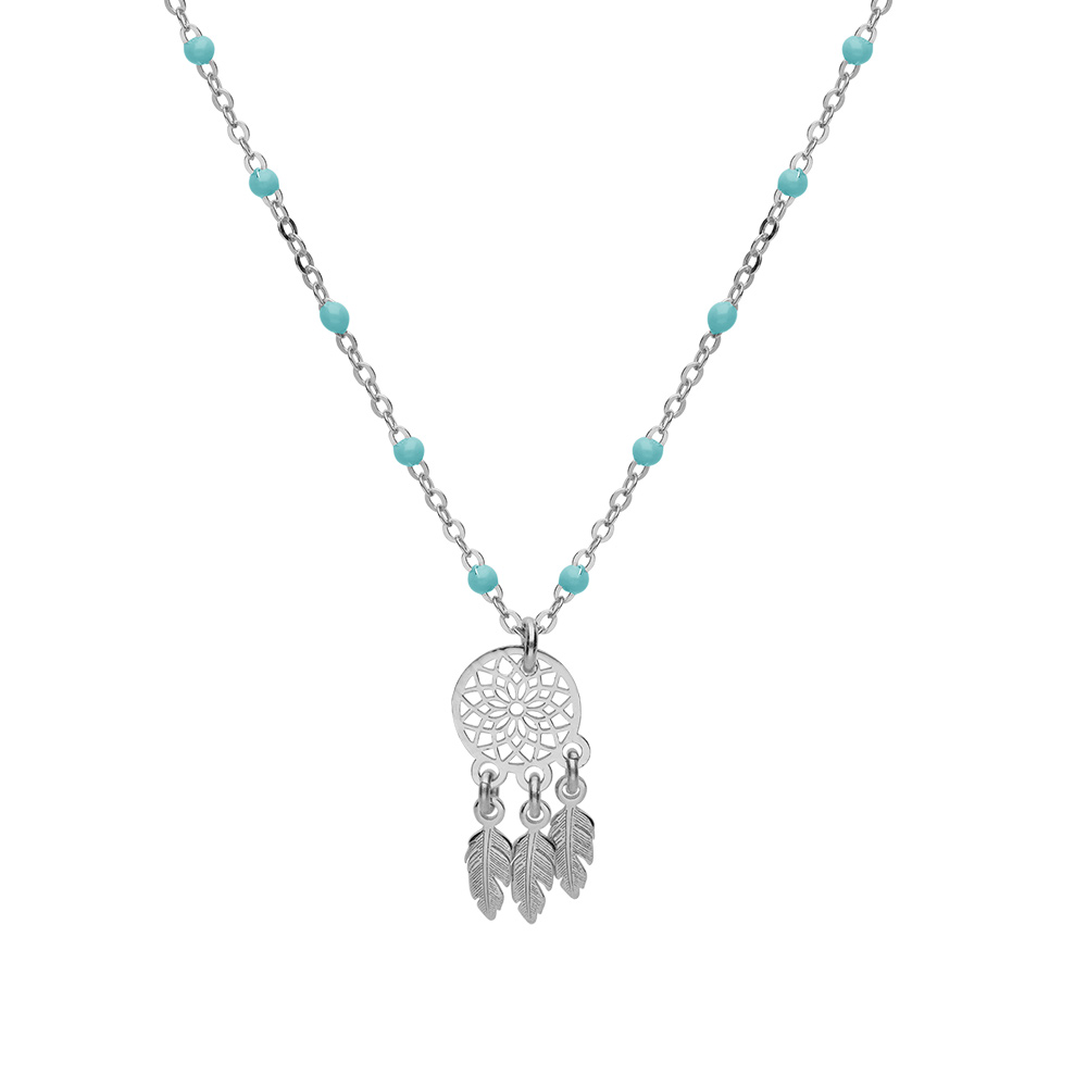 Collier en argent rhodié chaîne avec boules couleur turquoise avec pendentif attrape rêve 40+5cm