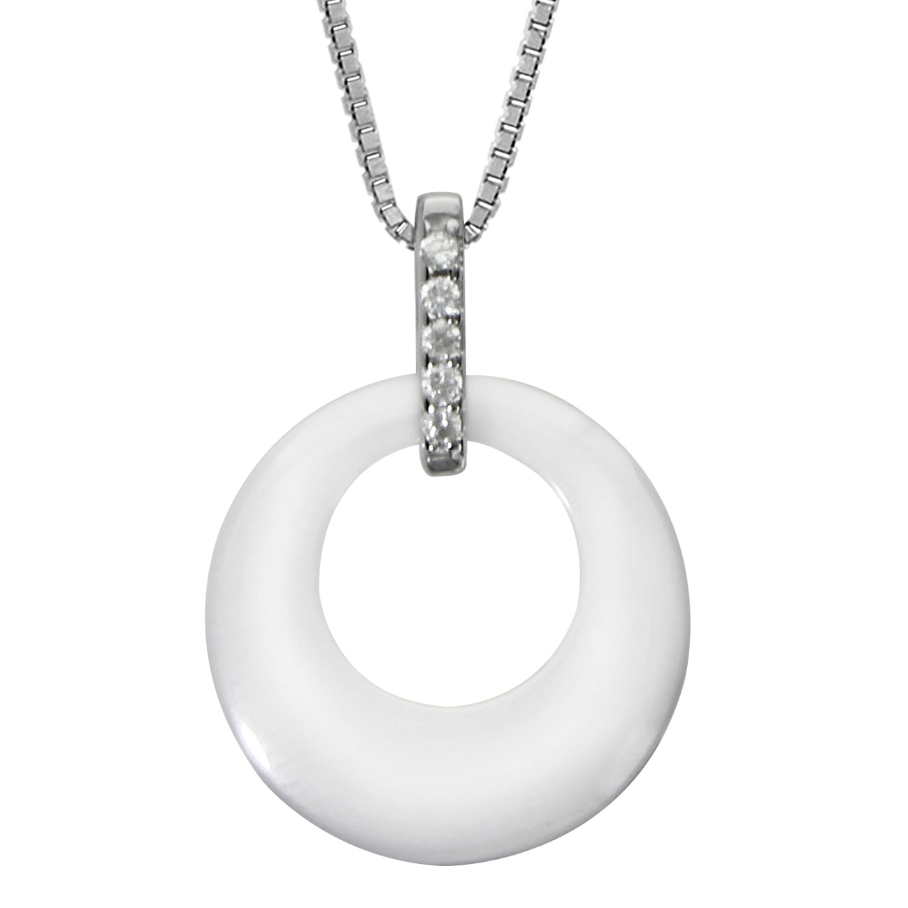 Collier en argent rhodié chaîne avec pendentif cercle céramique blanche barrette oxydes sertis 42+3cm