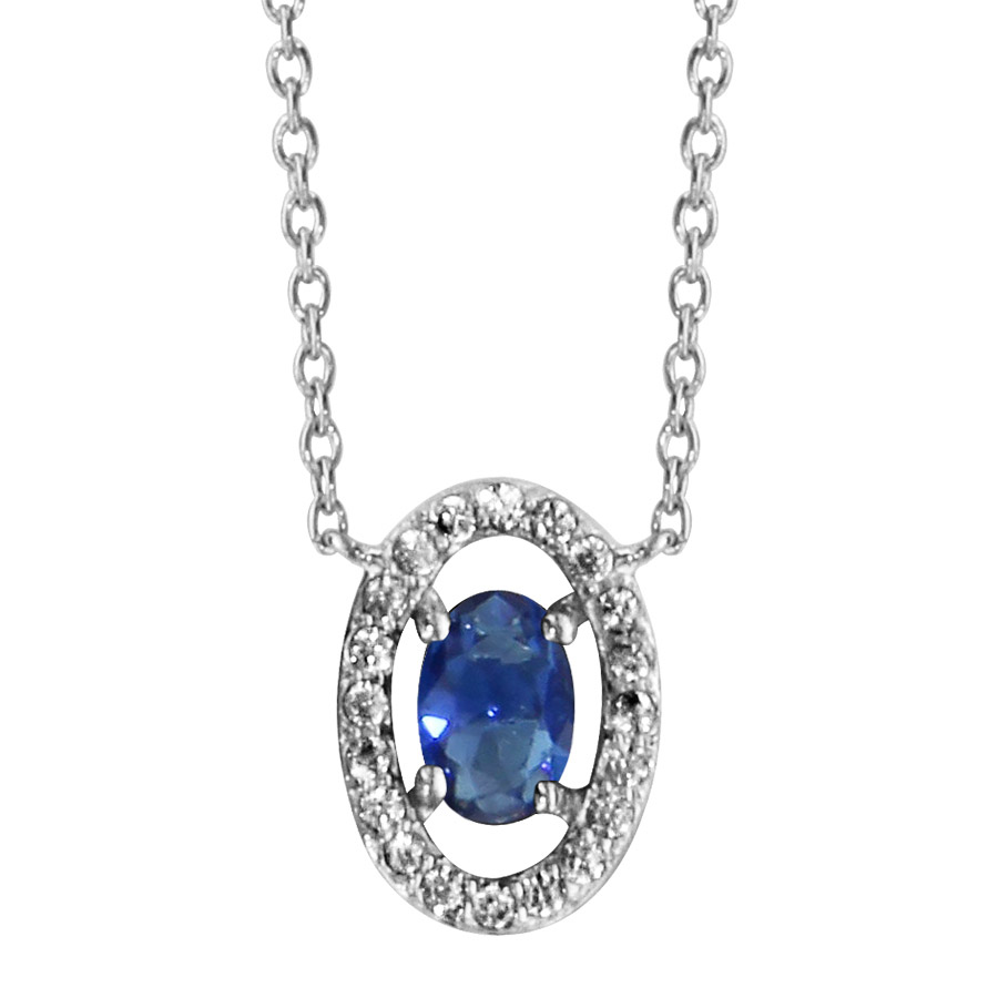 Collier en argent rhodié collection joaillerie chaîne avec pendentif oxyde ovale bleu et entourage d’oxydes blancs sertis – longueur 40cm + 4cm de rallonge