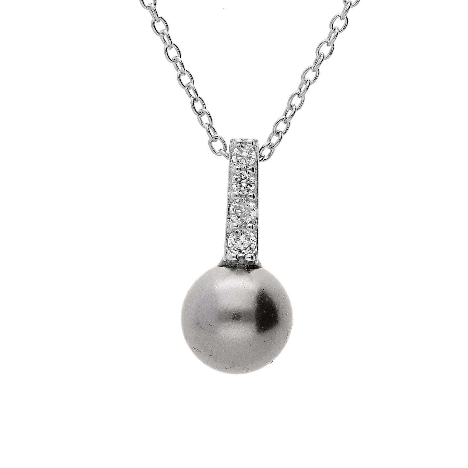 Collier en argent rhodié chaîne avec pendentif barrette d’oxydes blancs avec perle grise de synthèse 40cm + 4cm