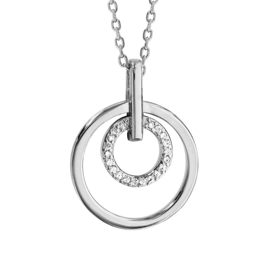 Collier en argent rhodié chaîne avec pendentif 1 anneau lisse et 1 anneau orné d’oxydes blancs à l’intérieur – longueur 45cm