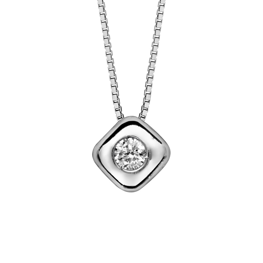 Collier en argent rhodié chaîne avec pendentif carré arrondi avec oxyde blanc serti au centre – longueur 41,5cm
