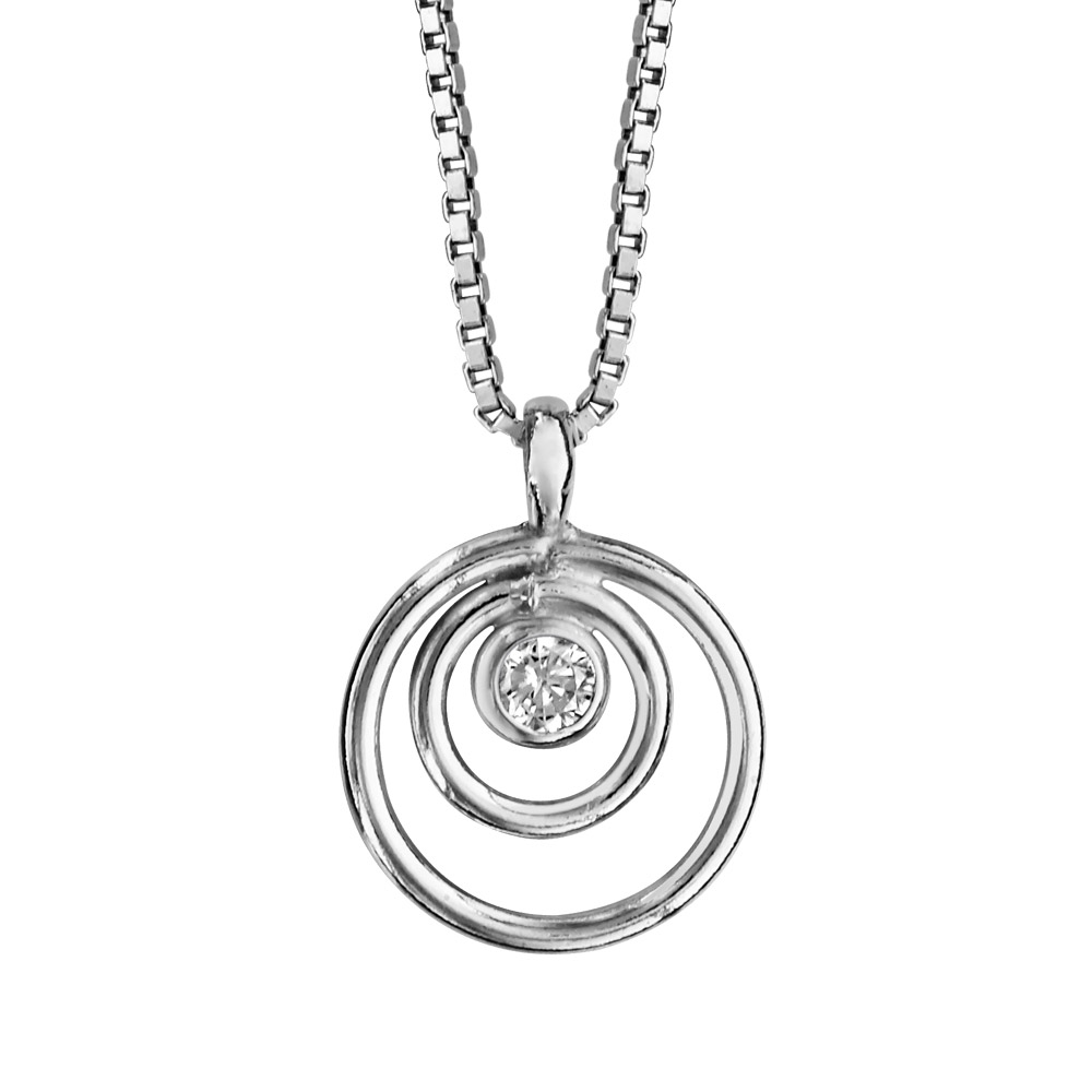 Collier en argent rhodié chaîne avec pendentif 2 anneaux avec 1 oxyde blanc au centre – longueur 41,5cm + 2,5cm de rallonge