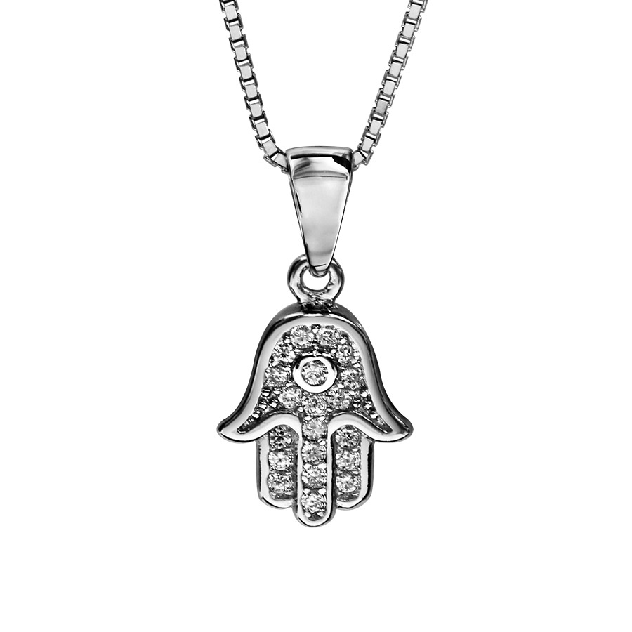Collier en argent rhodié chaîne avec pendentif main de Fatma ornée d’oxydes blancs – longueur 42cm + 3cm de rallonge