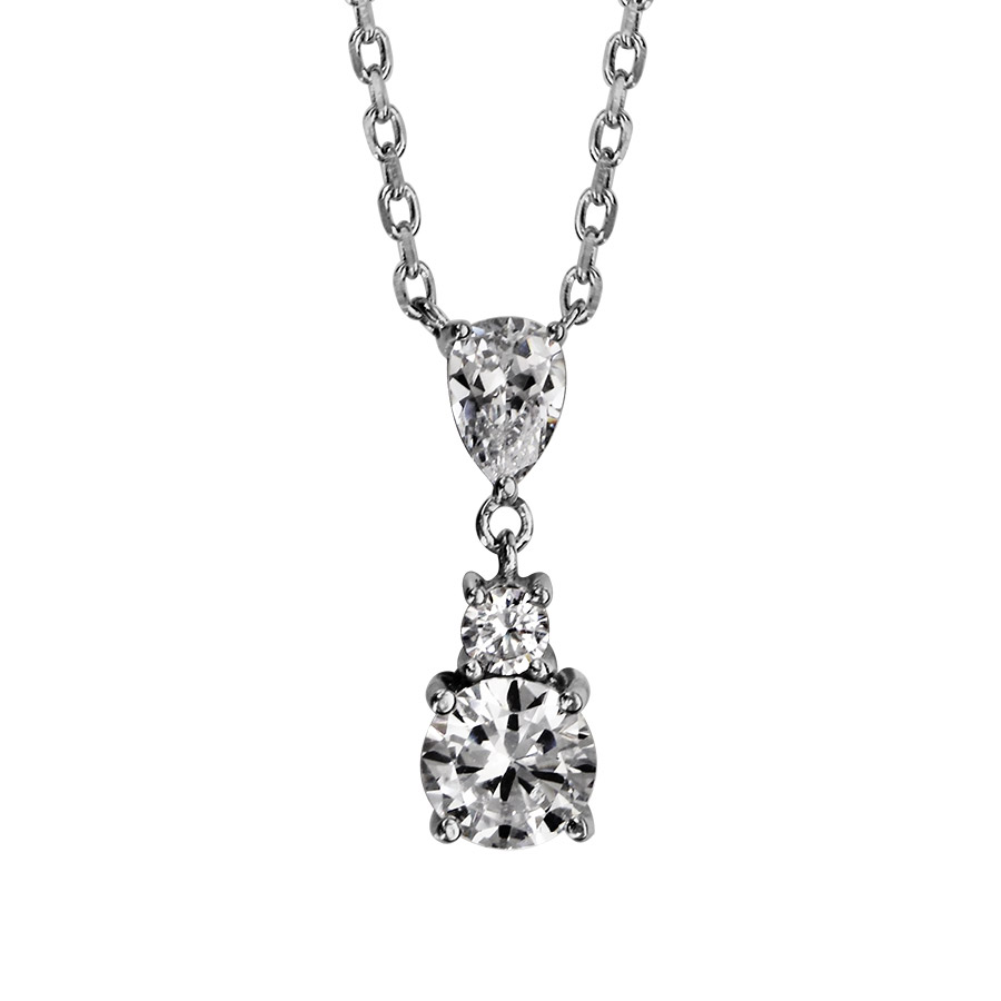 Collier en argent rhodié chaîne avec pendentif oxyde blanc en forme de goutte retenant 2 oxydes ronds blancs sertis – longueur 42cm + 4cm de rallonge