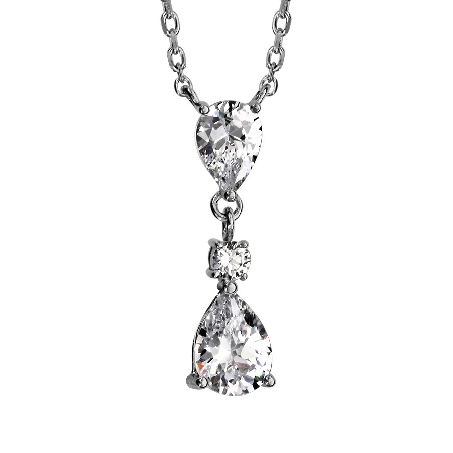 Collier en argent rhodié chaîne avec pendentif 3 oxydes blancs sertis dont 2 en forme de goutte – longueur 42cm + 4cm de rallonge