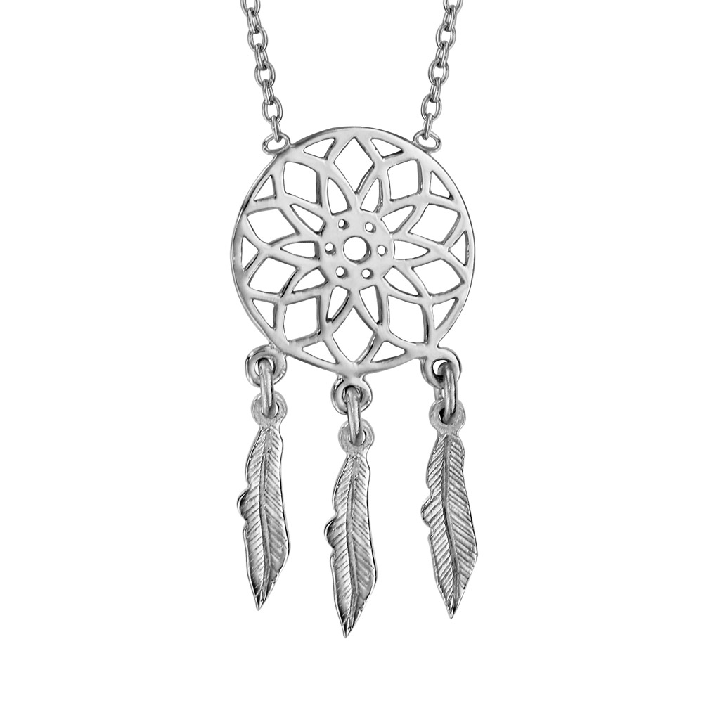 Collier en argent rhodié chaîne avec pendentif attrape rêve avec 3 plumes suspendues – longueur 37cm + 4cm de rallonge