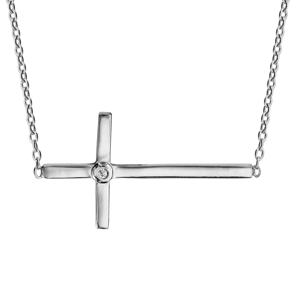 Collier en argent rhodié chaîne avec pendentif croix lisse couchée et 1 oxyde blanc serti à l’intersection – longueur 39,5cm + 3cm de rallonge