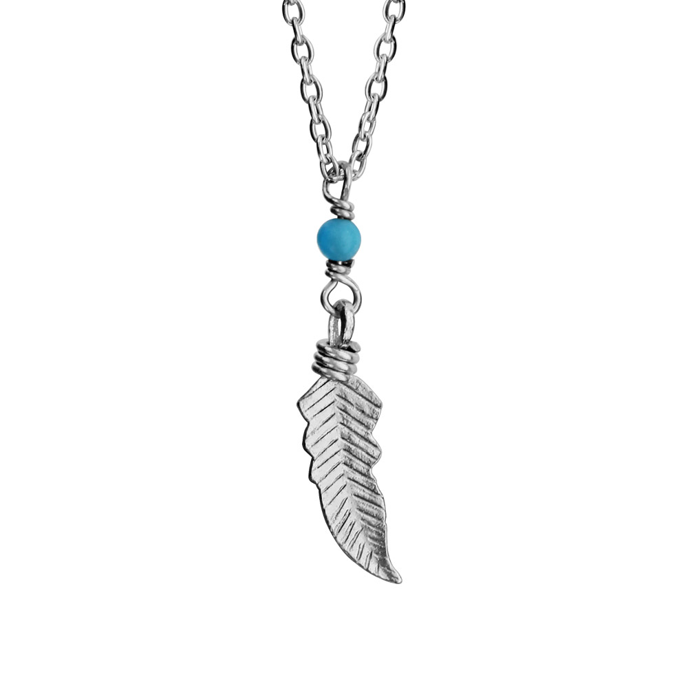 Collier en argent rhodié chaîne avec pendentif petite plume et 1 boule turquoise – longueur 37cm + 4cm de rallonge