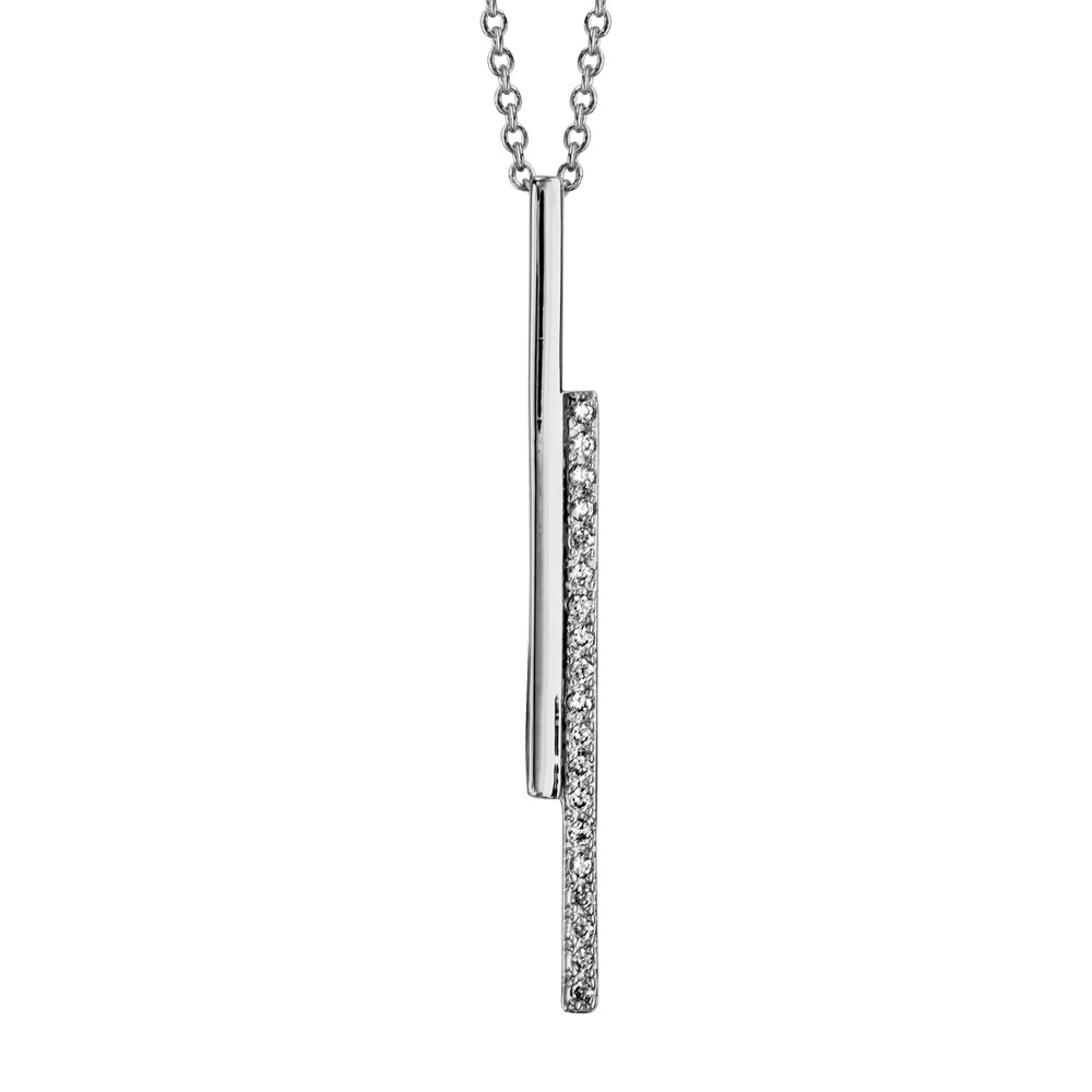 Collier en argent rhodié chaîne avec pendentif 2 bâtons superposés, 1 lisse et l’autre orné d’oxydes blancs sertis – longueur 38cm + 4cm de rallonge