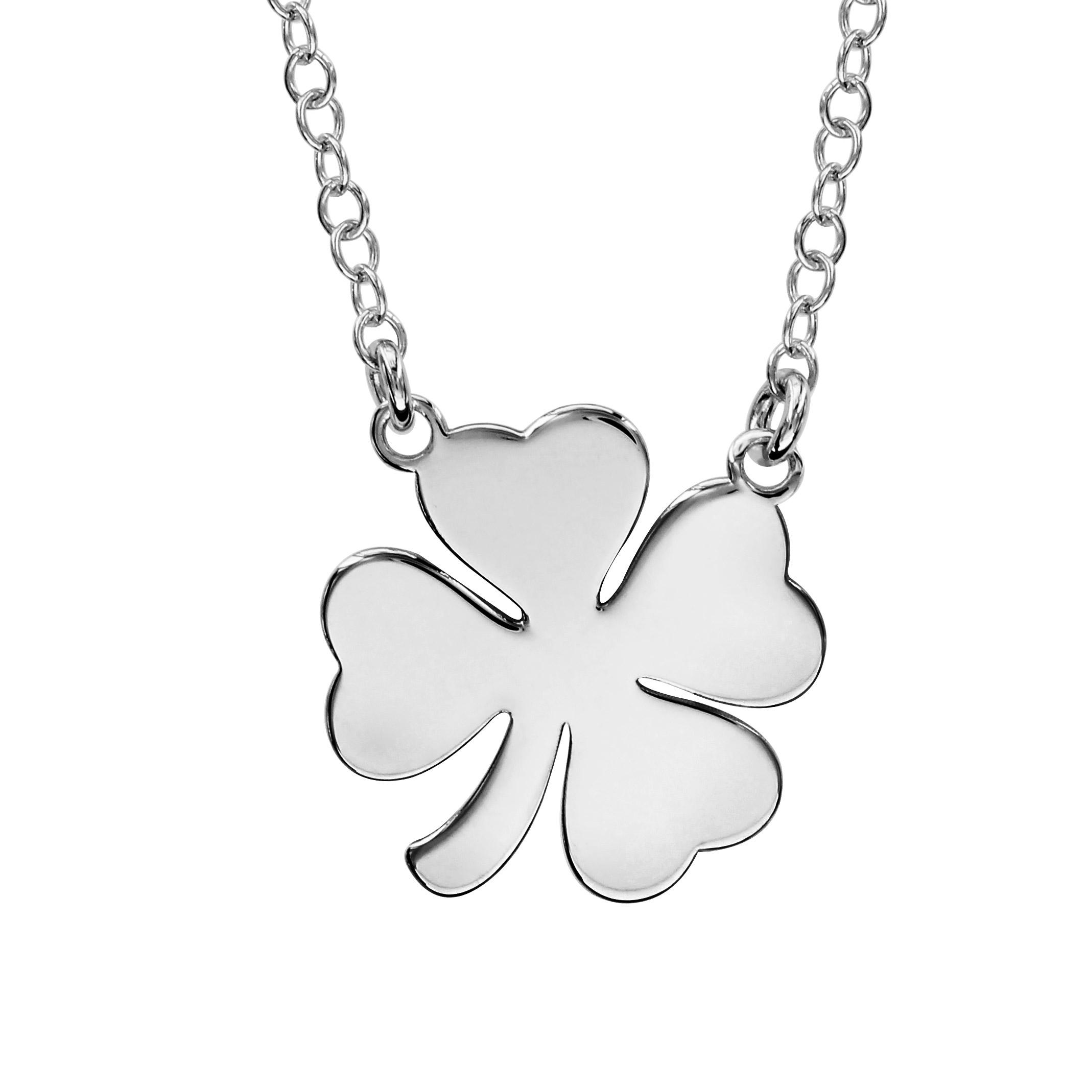 Collier en argent rhodié chaîne avec pendentif plaque en forme de trèfle à 4 feuilles – longueur 42cm + 3cm de rallonge