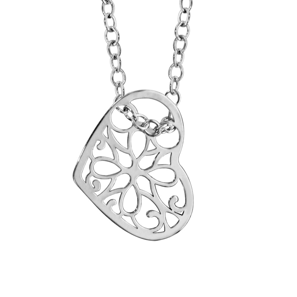 Collier en argent rhodié chaîne avec pendentif coeur ajouré en forme de fleur – longueur 42cm + 3cm de rallonge