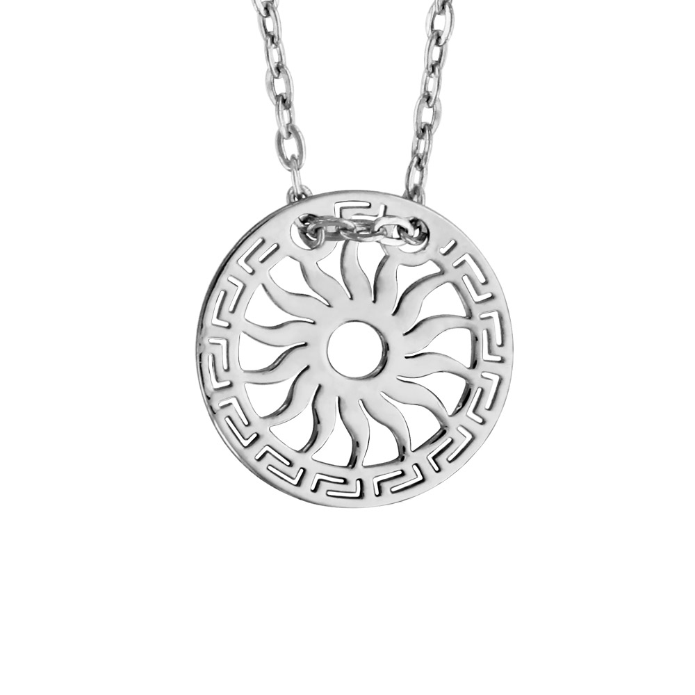 Collier en argent rhodié chaîne avec pendentif rond découpé en méandres grecs sur le tour et soleil au milieu – longueur 40cm + 5cm de rallonge