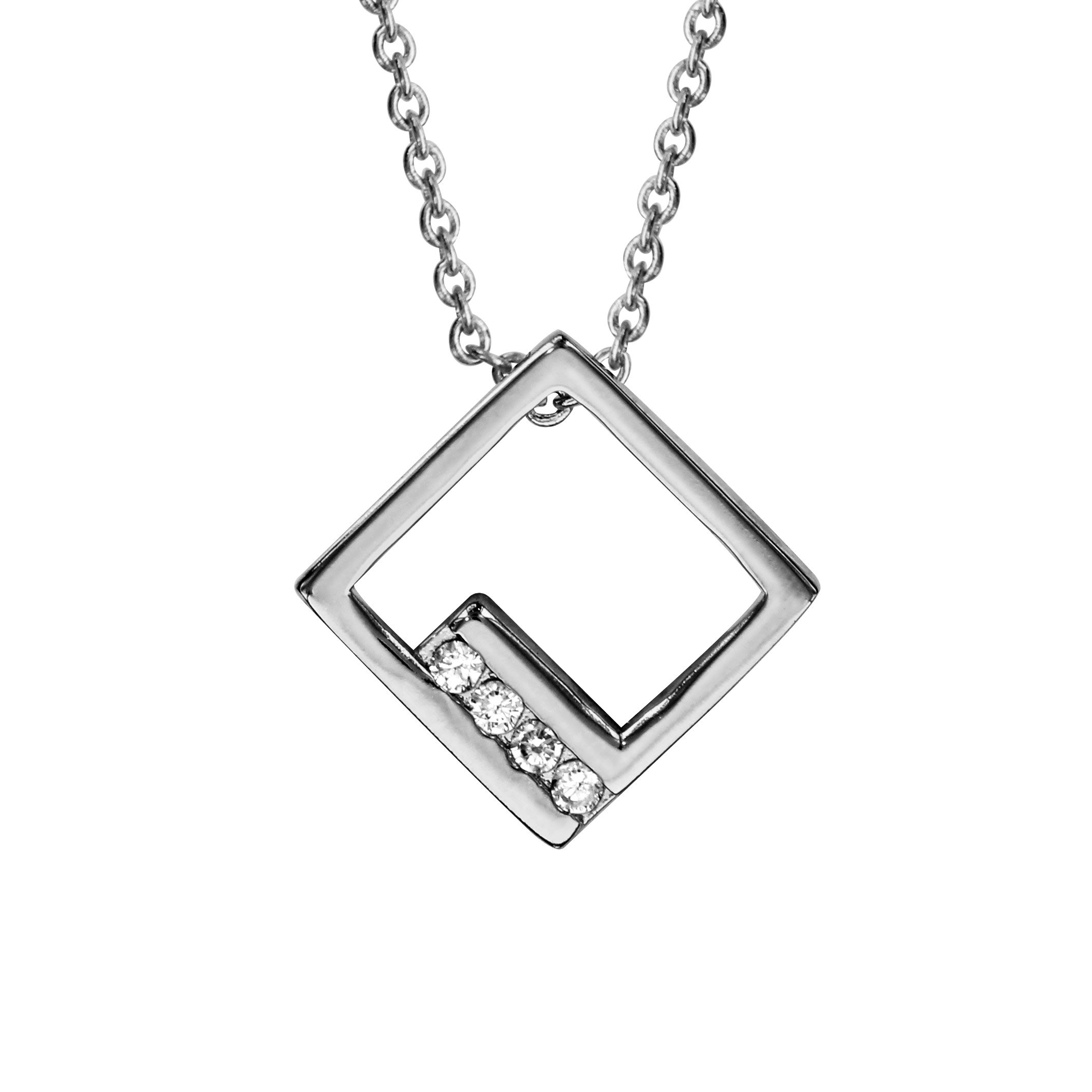 Collier en argent rhodié chaîne avec pendentif carré ajouré et oxydes blancs sertis – longueur 40cm + 4cm de rallonge