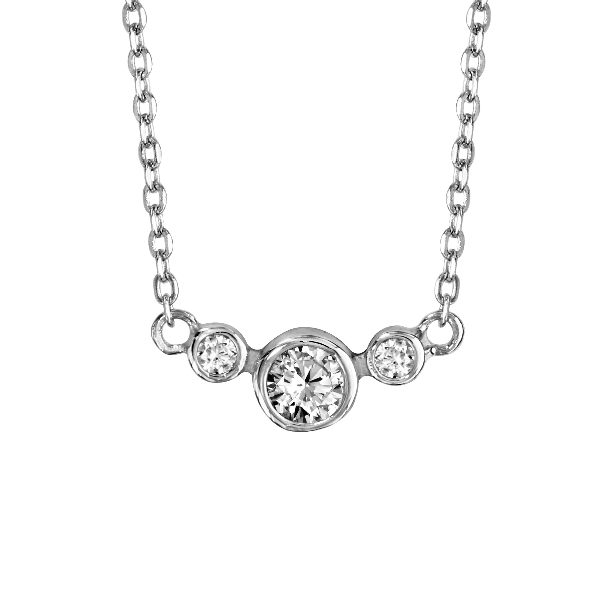 Collier en argent rhodié chaîne avec pendentif 3 oxydes blancs sertis clos, 2 petits et 1 gros au milieu – longueur 42cm + 5cm de rallonge