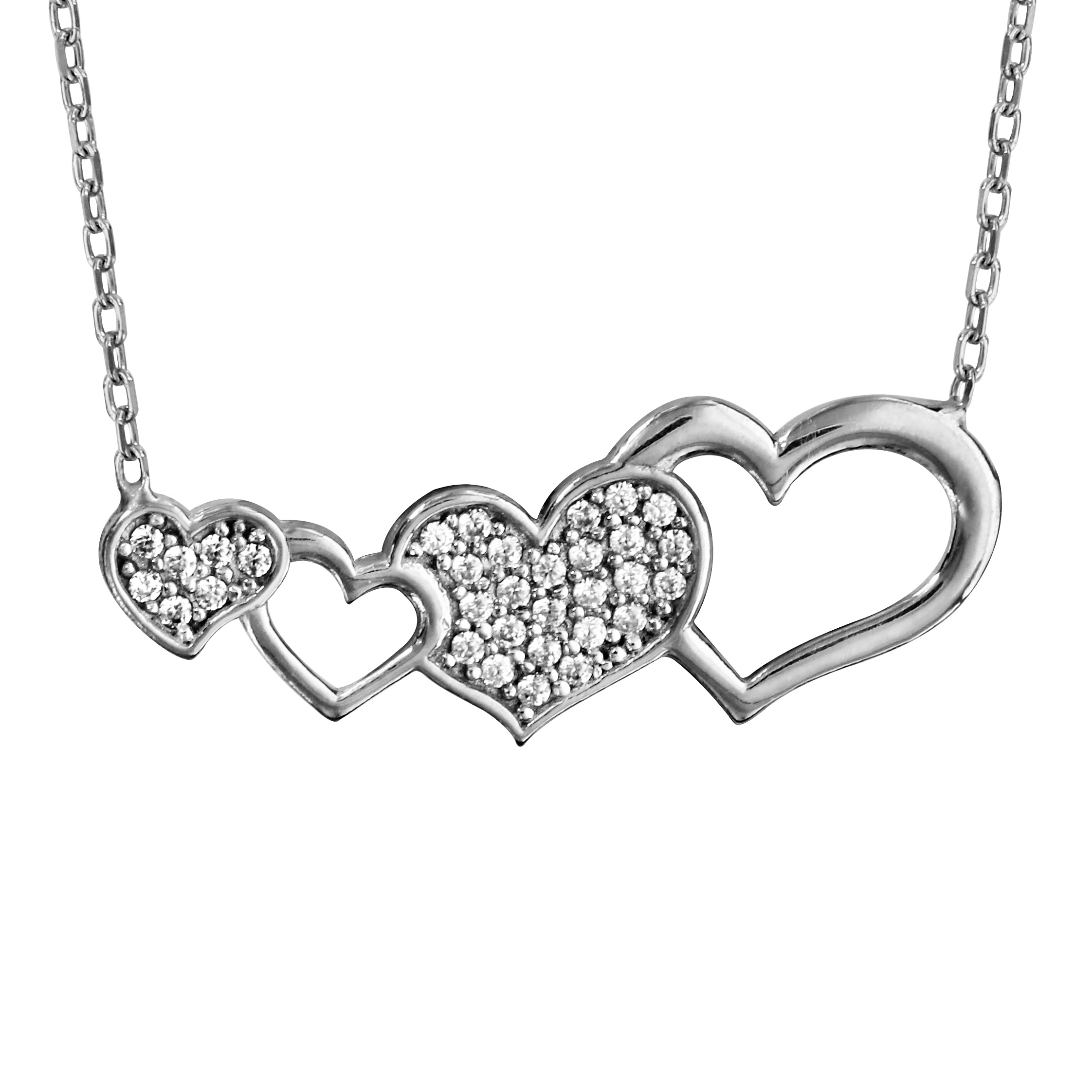 Collier en argent rhodié chaîne avec pendentif 4 coeurs alternés dont 2 ajourés et 2 pavés d’oxydes blancs sertis – longueur 42cm + 3cm de rallonge
