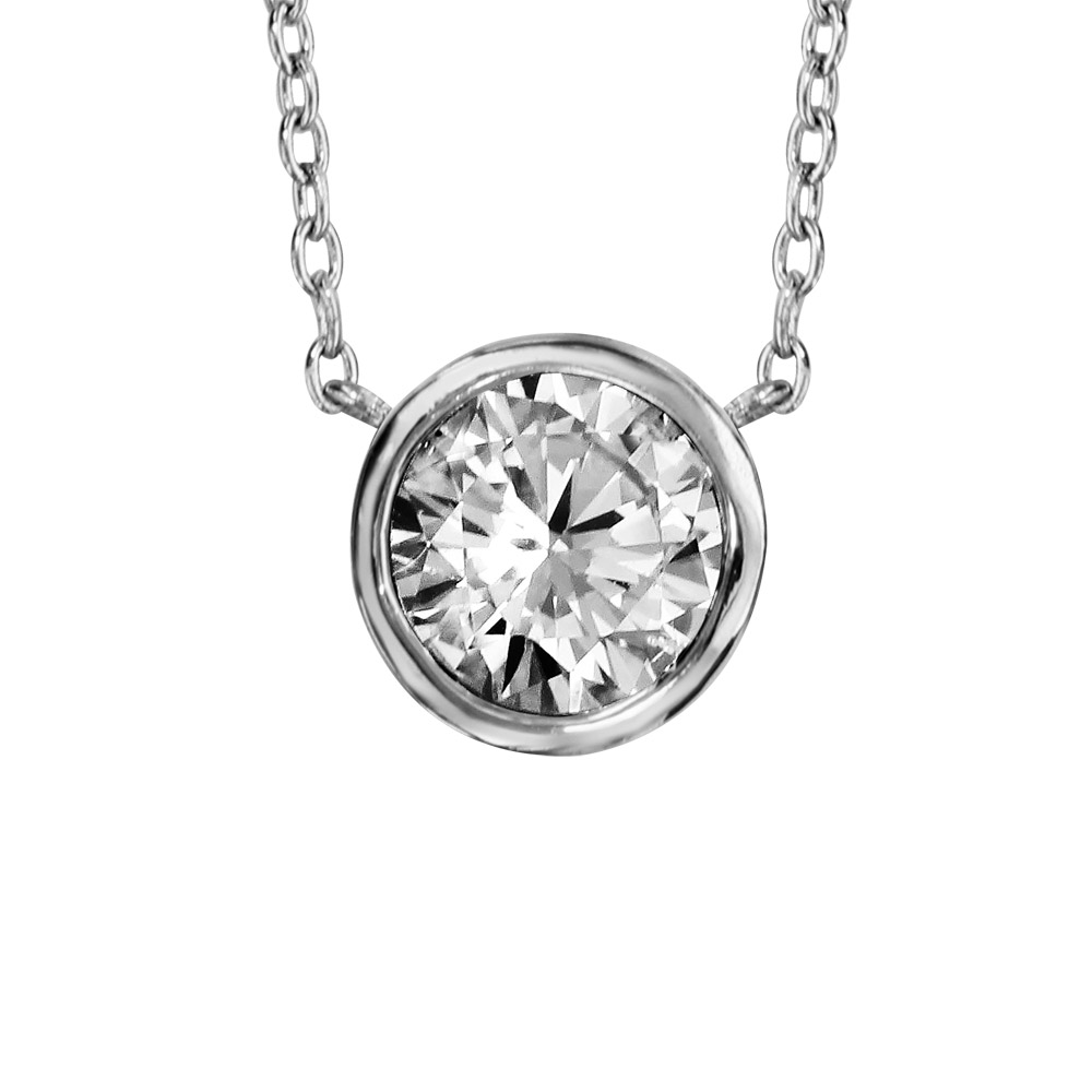 Collier en argent rhodié chaîne avec pendentif oxyde rond blanc diamètre 7mm serti clos – longueur 40cm + 4cm de rallonge