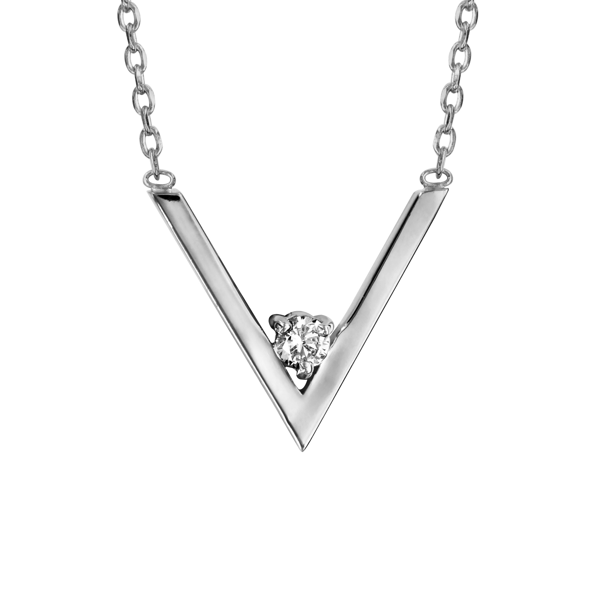 Collier en argent rhodié chaîne avec pendentif forme V avec 1 oxyde blanc dans la pointe – longueur 39cm + 3cm de rallonge