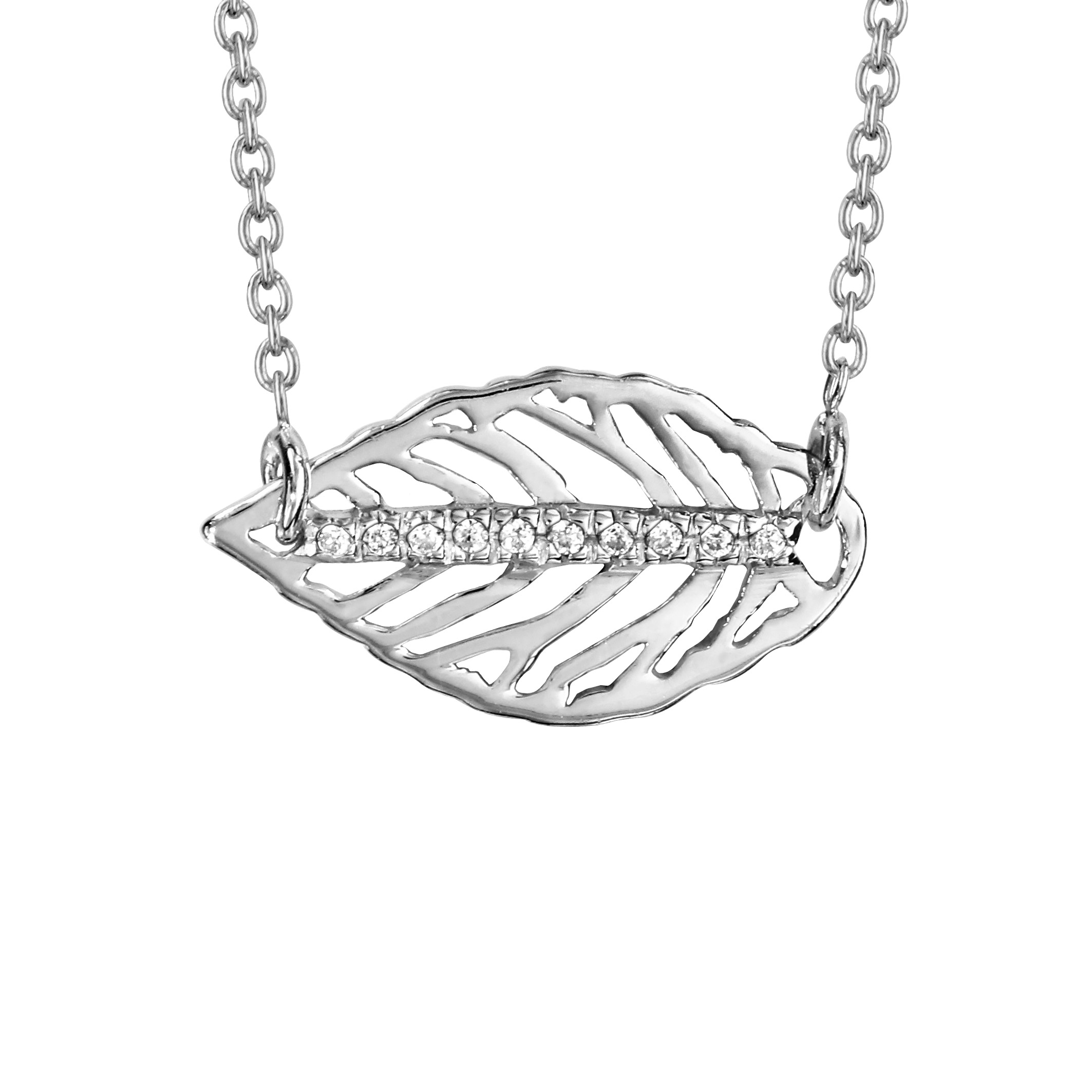 Collier en argent rhodié chaîne avec pendentif feuille nervurée ajourée avec barrette d’oxydes blancs sertis au milieu – longueur 39cm + 3cm de rallonge