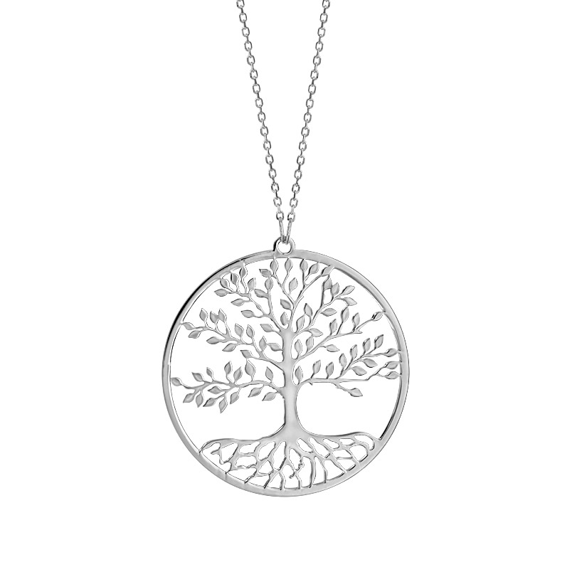 Collier en argent rhodié chaîne avec pendentif rond et arbre de vie de vie découpé à l’intérieur – longueur 42cm + 3cm de rallonge