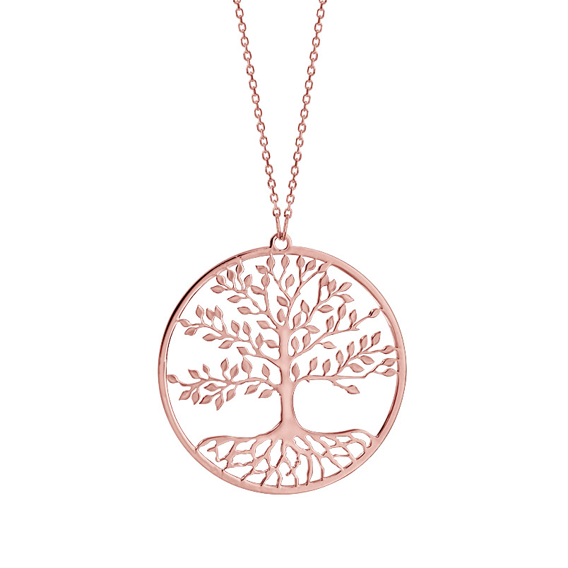 Collier en argent et dorure rose chaîne avec pendentif rond et arbre de vie de vie découpé à l’intérieur – longueur 42cm + 3cm de rallonge